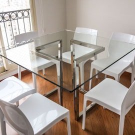 mesa jantar vidro base inox