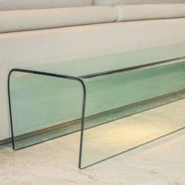 mesa comprida vidro curvo.